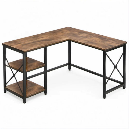 Scrivania angolare a L marrone e nera con 2 ripiani, 140 x 120 x 75 cm