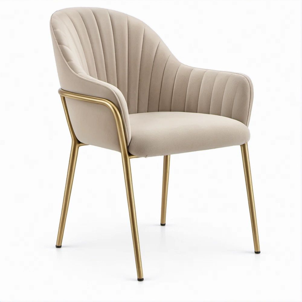 Sedia da pranzo beige con braccioli, rivestimento in velluto e gambe color oro, 58 x 60 x 82 cm