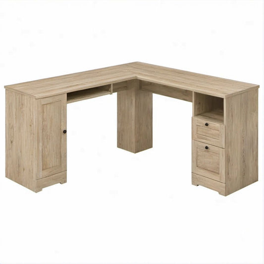 Scrivania angolare a L effetto rovere chiaro 140 x 140 x 74 cm con 2 cassetti, anta e vano a giorno
