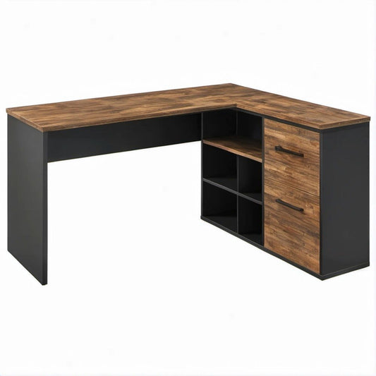 Scrivania angolare a L marrone effetto rovere e nero, 140 x 120 x 75 cm, con 2 cassetti