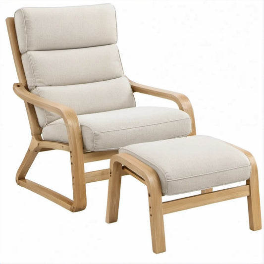 Poltrona relax con poggiapiedi beige e betulla naturale, 68 x 82 x 100 cm
