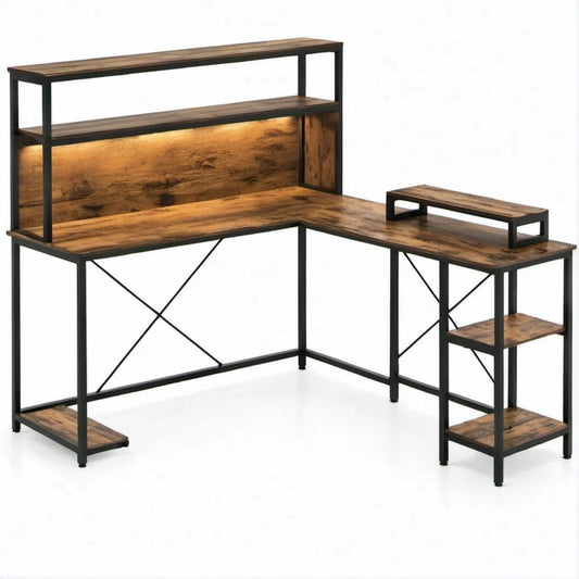 Scrivania angolare a L con ripiani, supporto monitor e illuminazione LED, Marrone Rustico/Nero, 140 x 120 x 137 cm