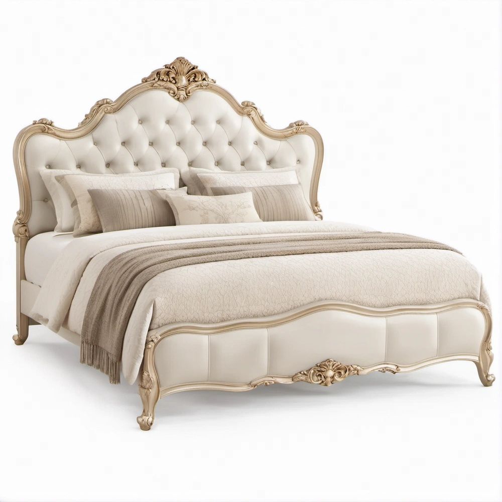 Letto matrimoniale capitonné curvo in PU Avorio e Oro Anticato, 180 x 200 cm