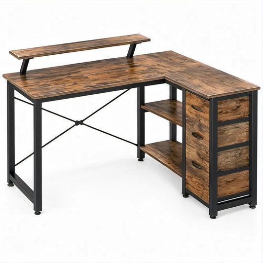 Scrivania angolare a L Marrone Rustico e Nero 137 x 130 x 91 cm con Rialzo Monitor, 3 Cassetti e Ripiani