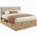 Letto matrimoniale 160 x 200 cm con cassetti e vani laterali, testiera imbottita Beige e Rovere chiaro