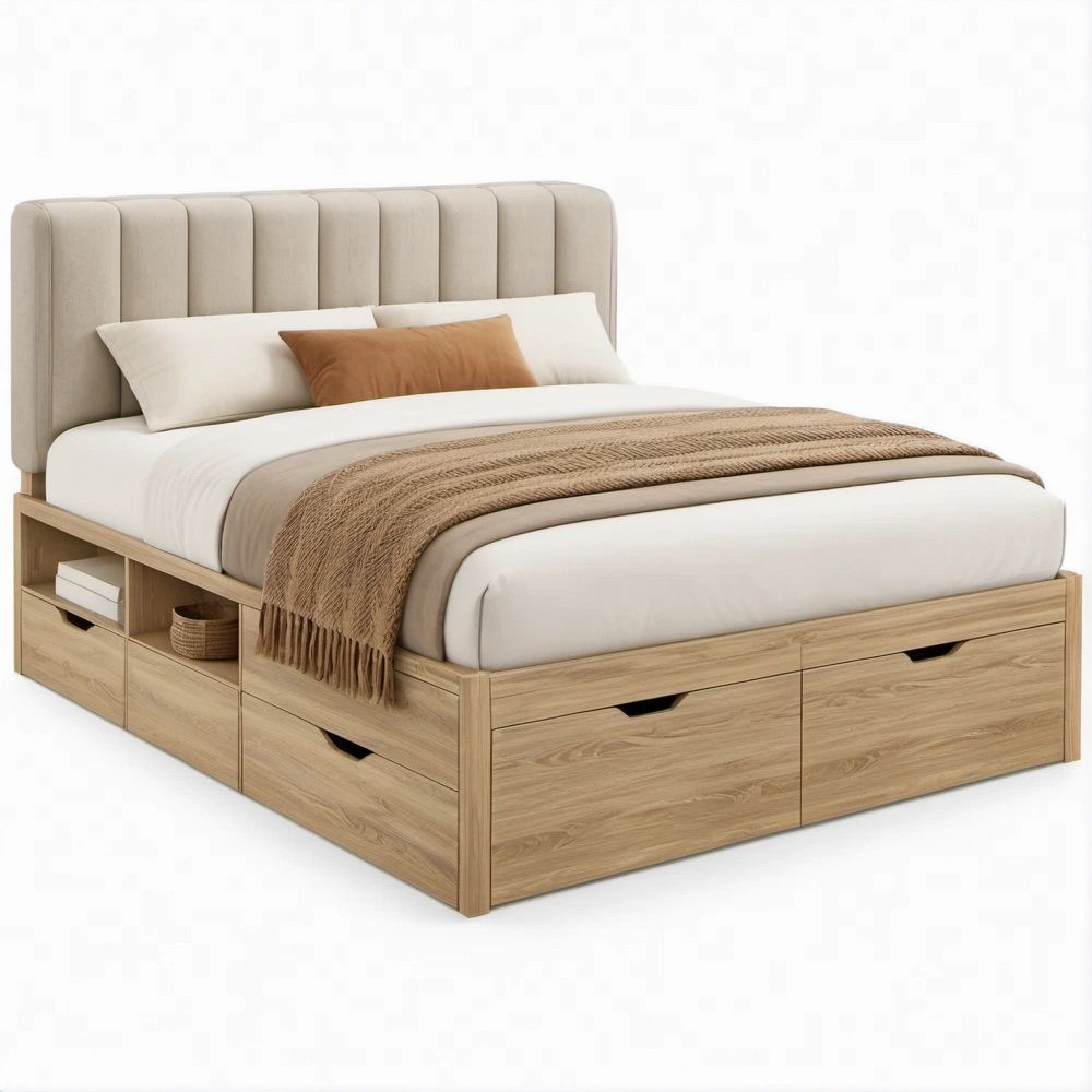 Letto matrimoniale 160 x 200 cm con cassetti e vani laterali, testiera imbottita Beige e Rovere chiaro
