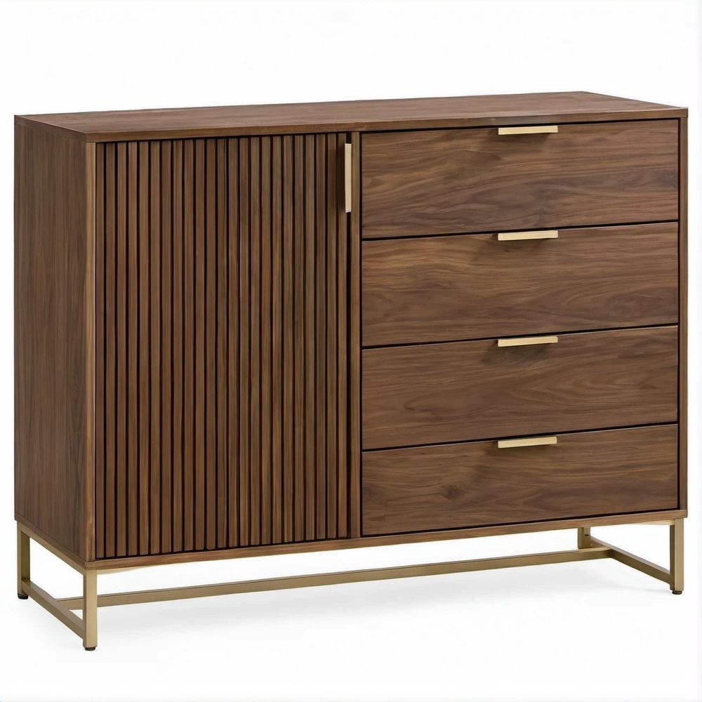 Mobile contenitore marrone noce con anta, 4 cassetti e dettagli ottone, 120 x 45 x 90 cm