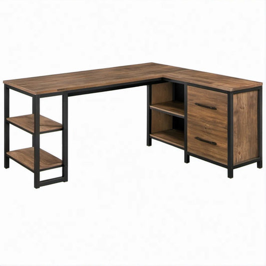 Scrivania angolare a L marrone noce e nera, 150 x 120 x 75 cm