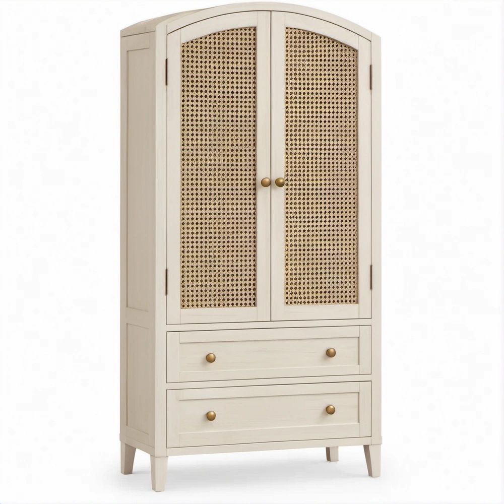 Armadio ad arco beige in MDF e rattan naturale con 2 ante e 2 cassetti, 90 x 45 x 180 cm