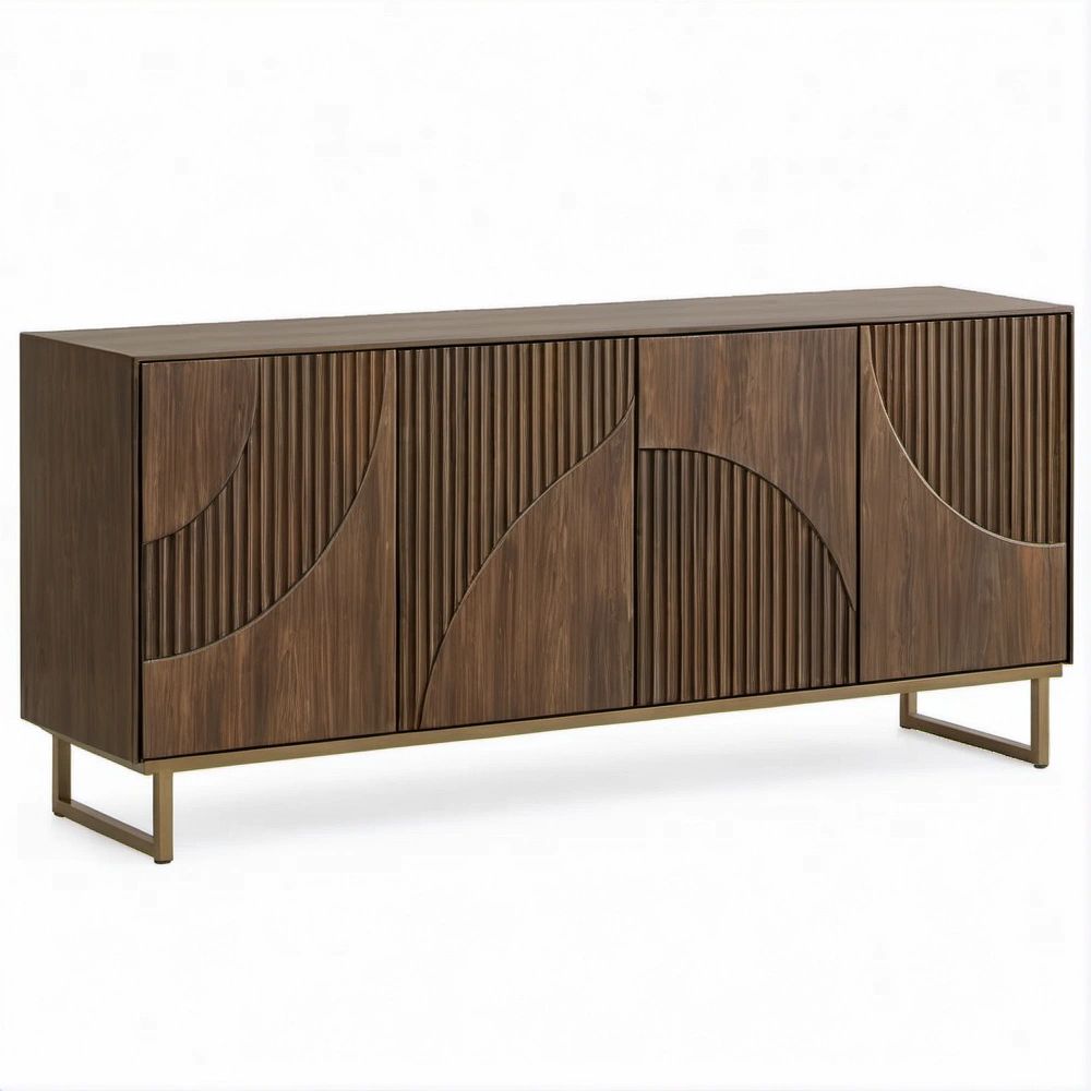 Credenza rettangolare in MDF effetto noce con 4 ante, 180 x 40 x 80 cm, Marrone Noce/Bronzo