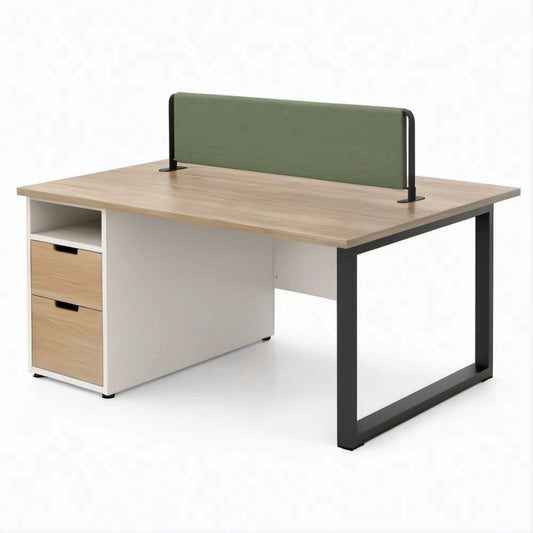 Scrivania 140 x 70 x 75 cm in Rovere Chiaro e Bianco con Cassettiera, Struttura Nera e Divisorio Verde Salvia