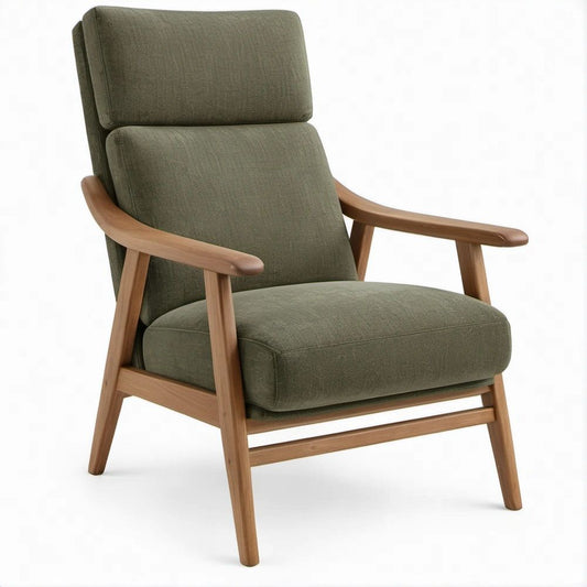 Poltrona lounge verde oliva e noce chiaro in poliestere e legno massello, 68 x 82 x 96 cm