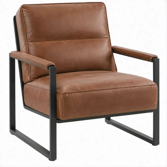 Poltrona lounge in pelle sintetica marrone con struttura in acciaio nero, 68 x 76 x 82 cm