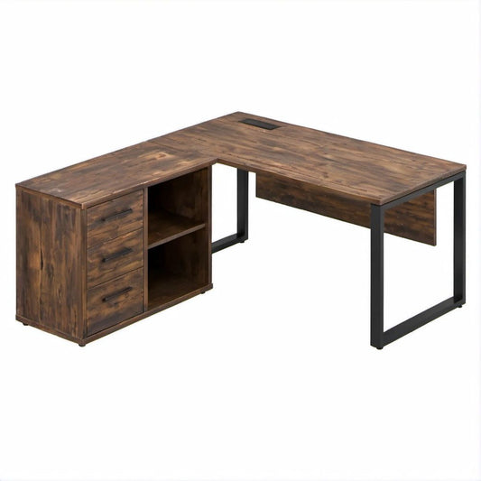 Scrivania angolare a L marrone noce e nera in MDF e acciaio, 160 x 140 x 75 cm