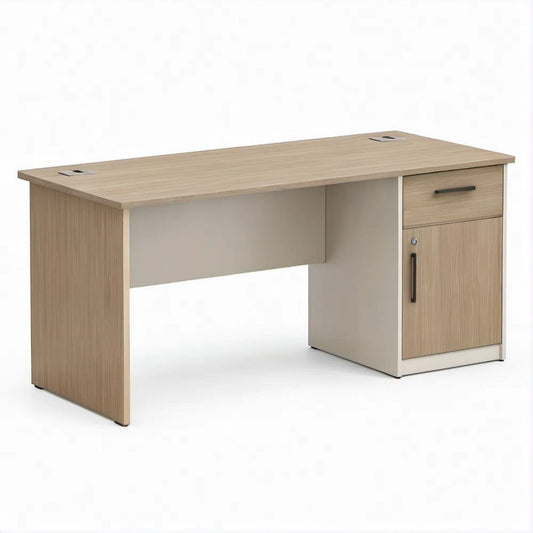 Scrivania da ufficio 120 x 60 x 75 cm con cassettiera, passacavi e serratura, Rovere chiaro/Grigio