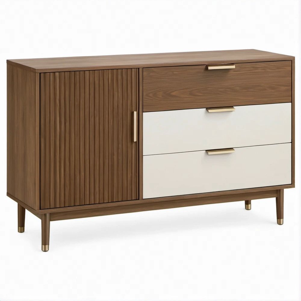 Credenza moderna in MDF noce e bianco 120 x 40 x 80 cm con 3 cassetti e anta