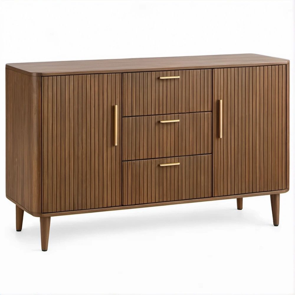 Credenza rettangolare color noce con 2 ante, 3 cassetti e gambe, 120 x 40 x 80 cm